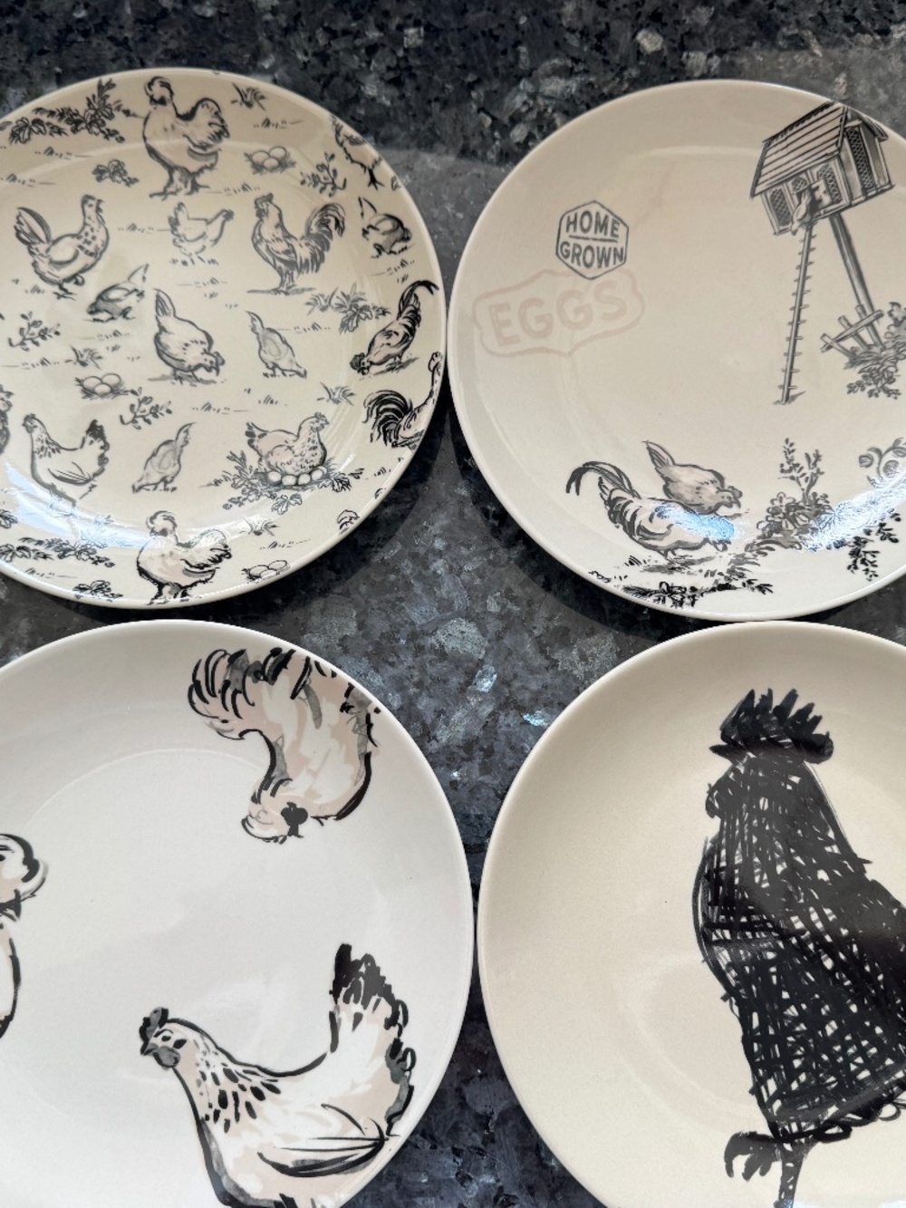 Creative Co-Op 4 PC Plate Set With Chicken Rooster Hen Barnyard  Design New in B